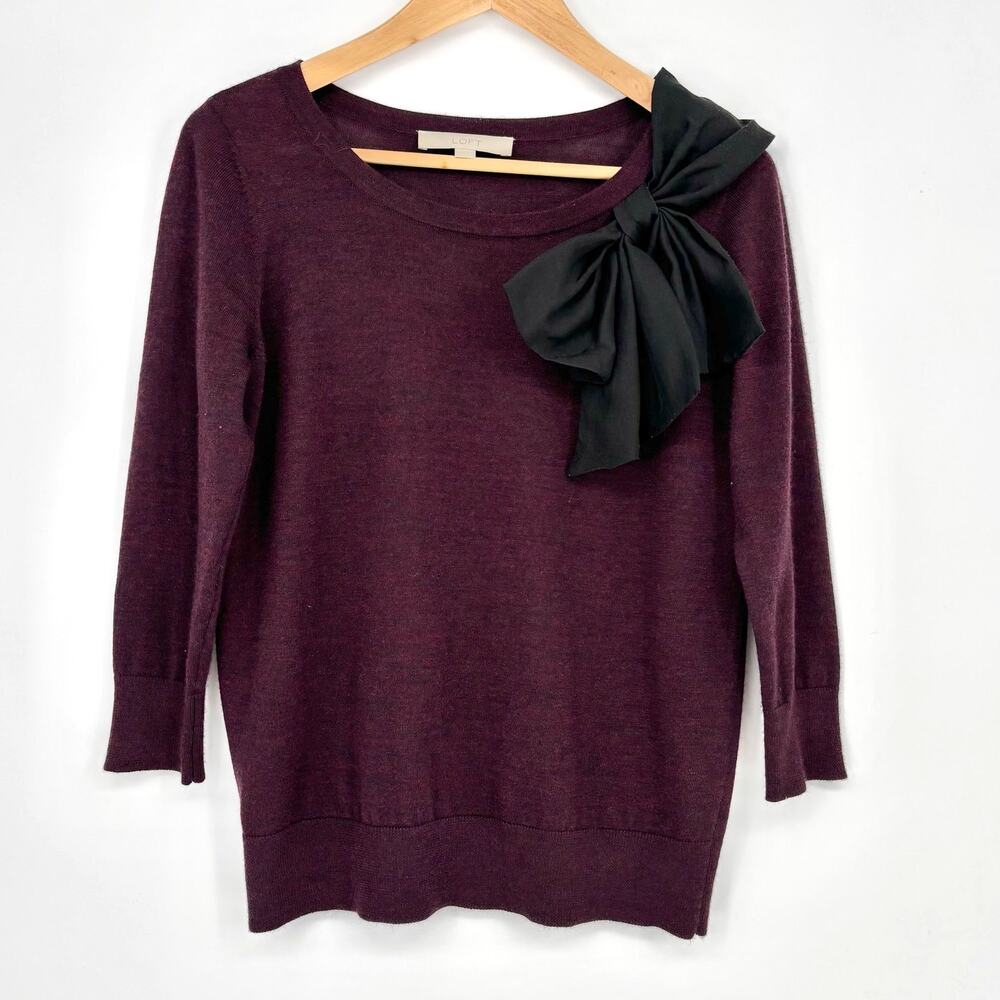 Loft Purple Wool Blend Black Bow Pullover Sweater Size M